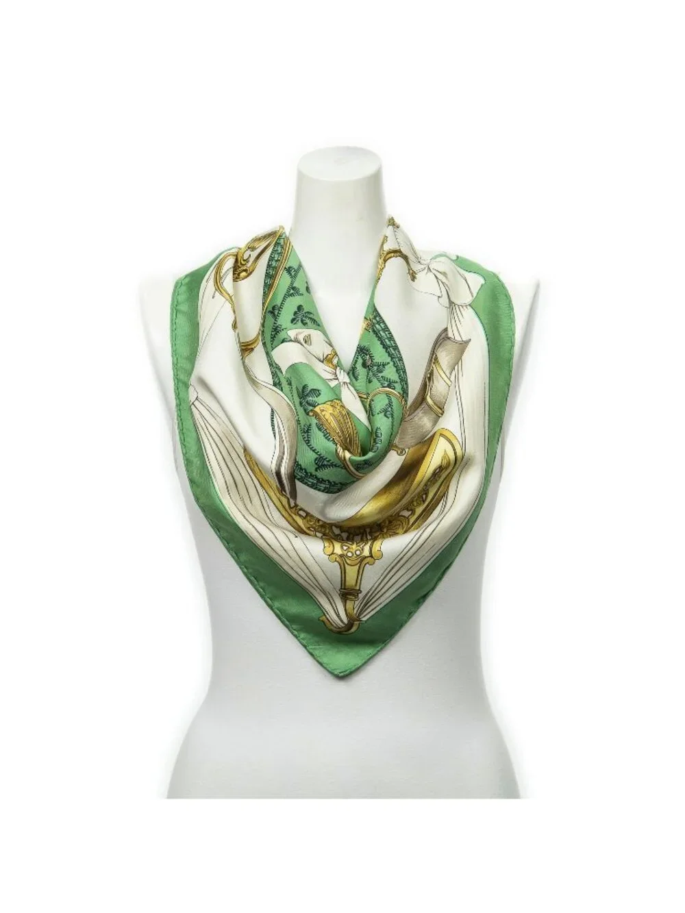 Hermes Scarf Green Gold White Twill Silk